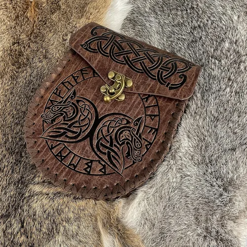 Vista 4 de HiiFeuer Cinturón nórdico en relieve, bolsillo lateral de piel sintética medieval retro, bolso de cintura portátil vintage para LARP Ren Faire