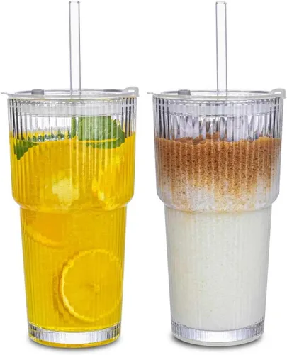 Vista 6 de Vaso de vidrio de 18 onzas con asa y tapa, paquete de 2 tazas de café helado con pajitas, taza de vidrio para bebidas frías y calientes, taza