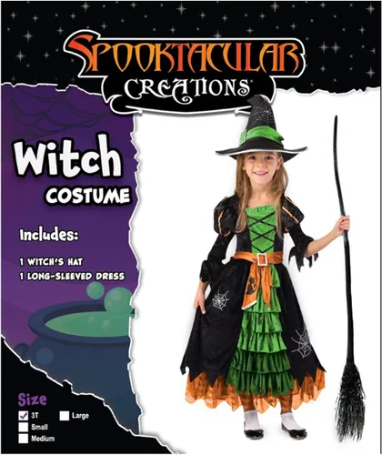 Vista 2 de Disfraz de bruja de cuento de hadas color verde con sombrero para niñas