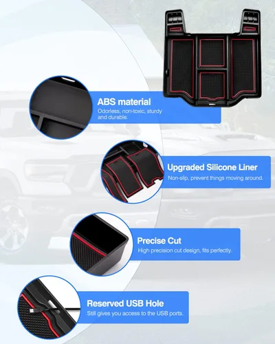 Vista 4 de Karltys Organizador de consola central Ram 1500 para Dodge Ram 1500 2019-2025 2026, bandeja organizadora lateral de puerta y caja de almacenamiento