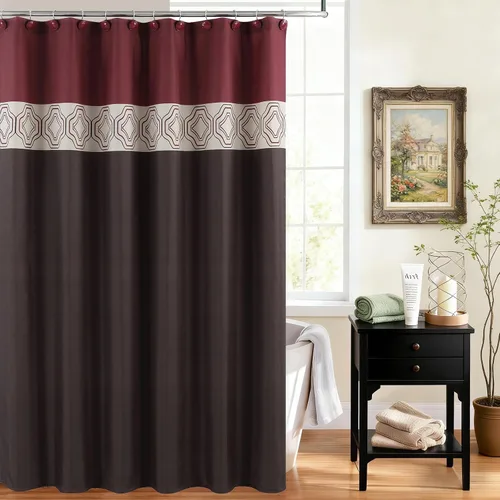Vista 19 de Cortina de ducha de tela negra y beige, cortina de ducha con estampado de medallón vintage, cortina de baño decorativa impermeable, 72 pulgadas