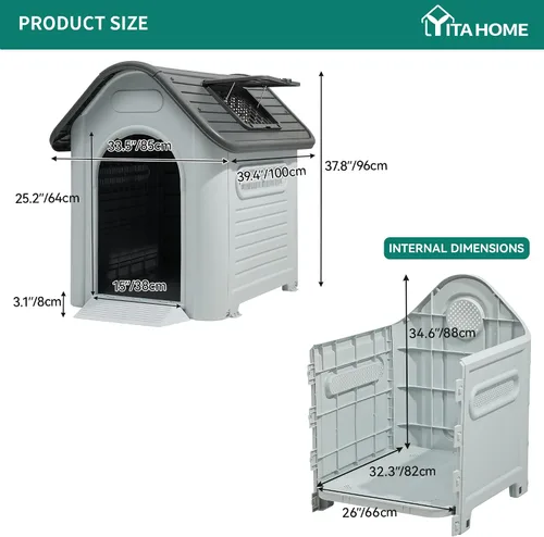 Vista 3 de YITAHOME Casa para perros de plástico para exteriores, resistente al agua, con tragaluz ajustable y base elevada para perros pequeños, medianos