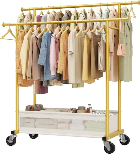 Vista 11 de Perchero de ropa con doble varilla, perchero para colgar ropa, perchero con cesta de almacenamiento y ruedas resistentes, perchero para dormitorio