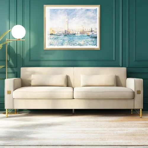 Vista 7 de Sofá Chesterfield de terciopelo de 85 pulgadas, moderno de mediados de siglo, cómodo sofá con almohadas para sala de estar, dormitorio, muebles