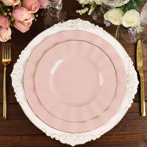 Vista 163 de Tableclothsfactory Paquete de 10 platos redondos de plástico negro de 6 pulgadas para ensalada de postre, platos desechables con borde ondulado