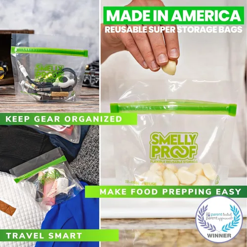 Vista 5 de Smelly Proof 50 bolsas reutilizables de almacenamiento de alimentos expandibles de pie y relleno, fabricadas en Estados Unidos, sin PEVA ni BPA