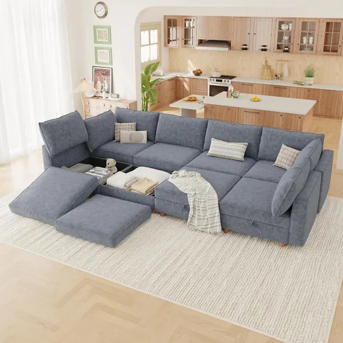 Vista 11 de 95.5" Sofá seccional modular de chenilla con almacenamiento oculto, sofá cama convertible en forma de L y U, sofá seccional moderno de 6 plazas