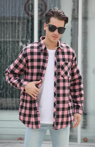 Vista 4 de Cromoncent - Camisa casual de franela a cuadros con botones para hombre
