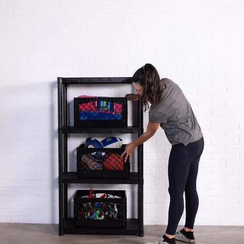 Vista 3 de Caja rectangular de plástico para almacenamiento tipo crate para leche con asas, organizador apilable de 24 cuartos de galón para garaje, hogar