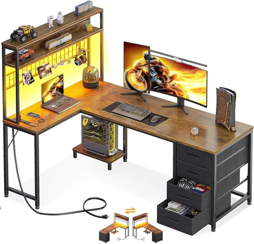 Vista 17 de AODK Escritorio en Forma de L para Gaming con Luz LED y Toma de Corriente, Mesa de Computadora Reversible en Forma de L de 43 Pulgadas con Estante