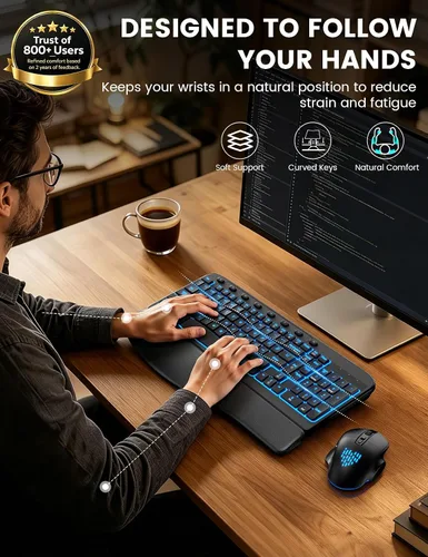 Vista 2 de SABLUTE Combo de teclado y mouse inalámbrico ergonómico, MA12Pro Wave teclado con reposamuñecas de cuero para escribir cómodamente, retroiluminación