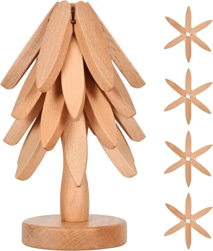 Vista 8 de Juego de Posavasos de Copa de Madera, Juego de Salvamanteles en Forma de Árbol, Posavasos de Árbol - 4 Salvamanteles de Madera + 1 Soporte