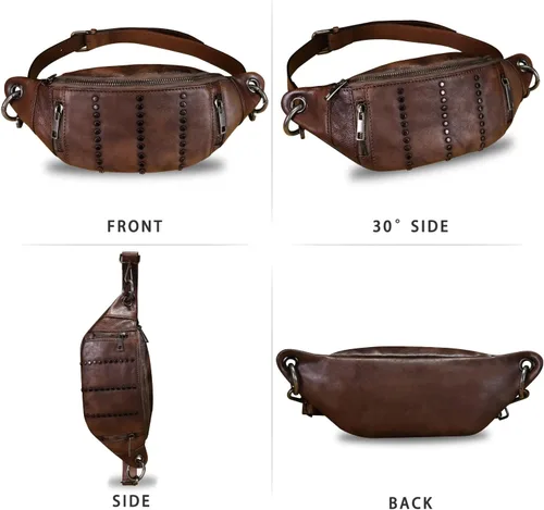 Vista 4 de IVTG Bolso bandolera de cuero genuino para mujer, riñonera casual, senderismo, bolsa cruzada en el pecho, mochila de hombro para motocicleta