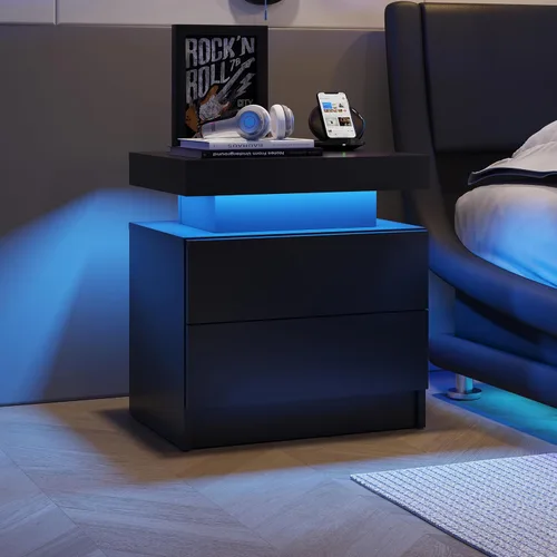 Vista 3 de Juego de 2 mesitas de noche LED negras, juego de 2 mesitas de noche modernas con 2 cajones, mesa auxiliar con luces LED para dormitorio, sala