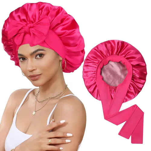 Vista 20 de Gorro de satén de seda para dormir, gorro de seda de doble capa con banda elástica para cabello rizado