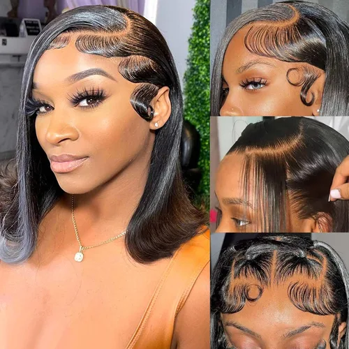 Vista 12 de Peluca Bob de pelo humano 13x4 encaje frontal HD estilo Bob corta y recta con parte lateral para mujeres negras, pelo humano prearrancado, sin De