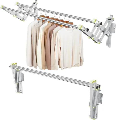 Vista 7 de Perchero plegable para montar en la pared, barra de 30 pulgadas de largo y 2 bases gruesas, acero inoxidable, multiusos para ahorrar espacio