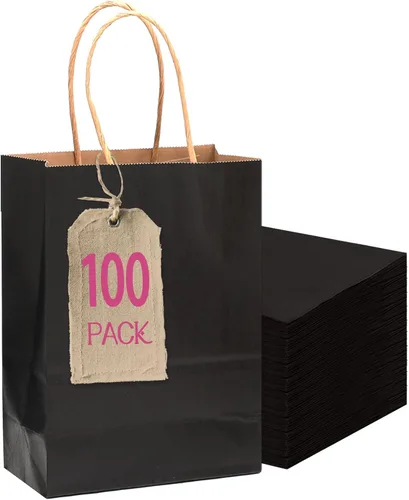 Vista 15 de qiqee Paquete de 26 bolsas de regalo negras con asas a granel de 8.3 x 3 x 6 pulgadas, bolsas de papel kraft de tamaño pequeño para fiestas
