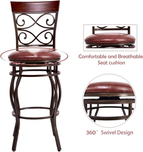 Vista 4 de GLACER Juego de 2 taburetes de bar, estilo retro, de altura de barra giratoria de 360 grados con asiento acolchado de cuero, cómoda silla de metal