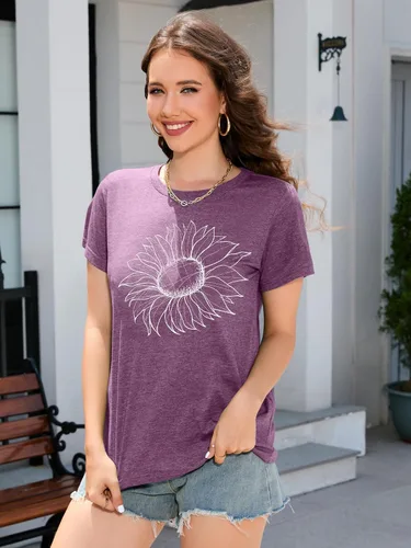 Vista 2 de DEARCASE Camiseta de otoño para mujer, diseño de girasol, holgada, cuello redondo, manga corta, informal, para mujer