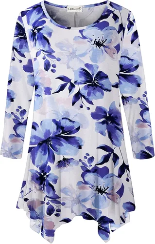 Vista 33 de LARACE - Camisa de talla extragrande para mujer, camisa tipo túnica con manga 3/4, ajuste holgado, ropa básica para mujer 2-negro_cuadros