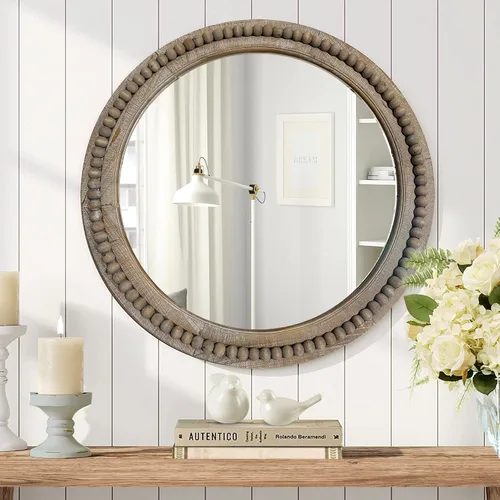 Vista 5 de Espejo circular de pared de madera redondo rústico de 24 pulgadas con cuentas, espejo decorativo de granja para sala de estar, dormitorio, cocina
