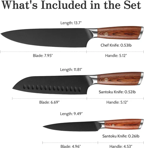 Vista 3 de Juego de cuchillos de cocina, 3 piezas japoneses de acero inoxidable de alto carbono, cuchillos de cocina de chef profesional ultra afilados Santoku