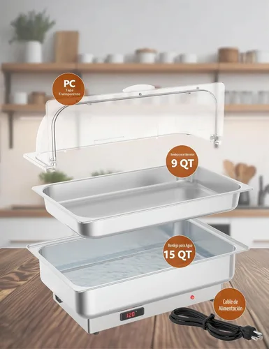 Vista 4 de GarveeHome Juego de bufé eléctrico de acero inoxidable con tapa enrollable con 1 sartén de 9 cuartos de galón, control de temperatura de 400 W