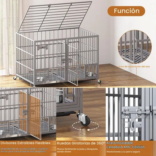 Vista 3 de aboxoo Jaula de metal resistente para perros de 42/48 pulgadas para 2 perros/perros grandes, parte superior abierta de metal, perrera