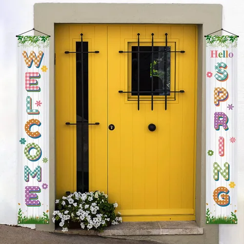 Vista 4 de Letrero colgante con texto en inglés «Hello Welcome Spring Happy Easter» para porche, puerta delantera, decoración interior y exterior