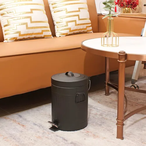 Vista 6 de SIMPLEMADE Cubo de basura redondo con pedal, acero inoxidable con tapa, pequeño cesto de metal/cubo de basura para baño, oficina, negro, 5 litros