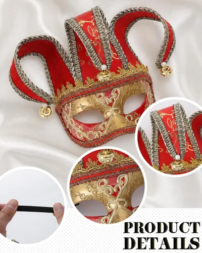 Vista 5 de Zinniday Máscara veneciana de bufón para mascarada, máscaras de comedia Oro y rojo