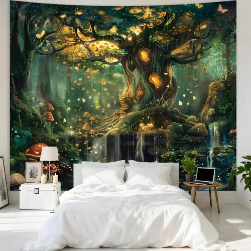 Vista 3 de Apdidl Tapiz de bosque para dormitorio, tapices de pared de hadas verdes Tapiz A-Forest