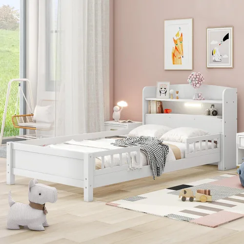 Vista 11 de Cama de plataforma de tamaño individual con cabecera de almacenamiento y luz LED integrada, base de cama de plataforma de madera con barandilla