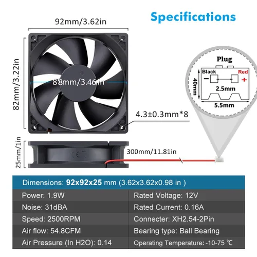 Vista 2 de Wathai Ventilador sin escobillas de 3.622 in 12 V DC Ventilador