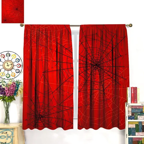 Vista 3 de Cortinas opacas de tela de araña aterradora para niños, tela de araña en blanco y negro, fondo rojo, dormitorio de niños, guardería, decoración