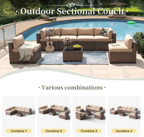 Vista 5 de Aoxun - Juego de 7 piezas de muebles de patio de mimbre de ratán, conjunto de sofá modular para conversación de patio con mesa de café y cojines