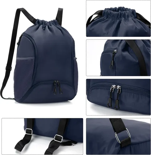Vista 4 de Valleycomfy - Bolsa de gimnasio con cordón, mochila de baloncesto, soporte para dos botellas Azul oscuro