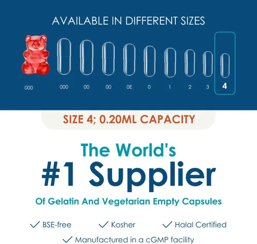 Vista 3 de Capsuline Cápsulas de gelatina vacías tamaño 4, negro/transparente, 1000 unidades, sin gluten, Kosher, con certificación OGM Pastillas bovinas