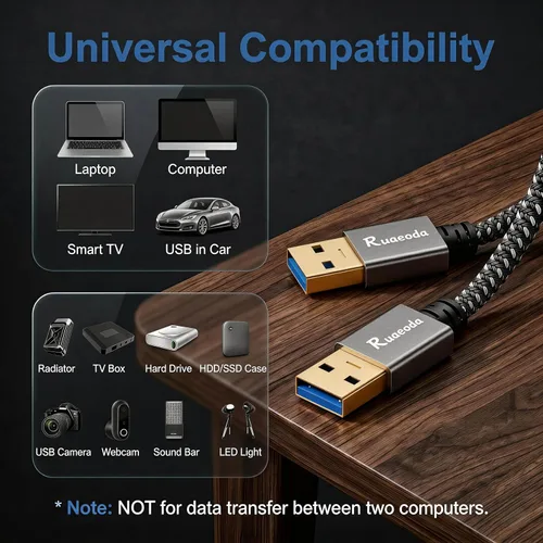 Vista 5 de Cable USB a USB de 1 pie, USB 3.0 macho a macho tipo A a tipo A, cable USB de doble cara para transferencia de datos, compatible con disco duro