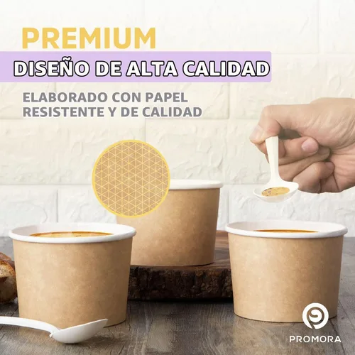 Vista 2 de Promora Tazas de helado de papel desechables de 12 onzas, 50 unidades + cucharas, cuencos para sopa caliente/postre con cucharas, perfectas
