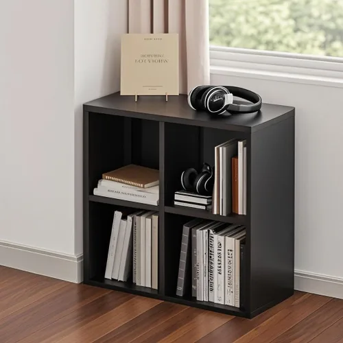 Vista 19 de Organizador de almacenamiento vertical de 2 cubos de metal, estantería corta negra con espalda abierta, estante de almacenamiento de cubo pequeño
