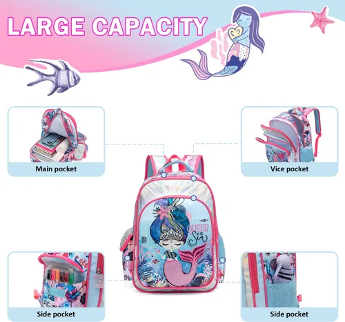 Vista 3 de Robhomily Mochila para niñas, mochila escolar para niñas, Conjuntos de sirena, Mochila escolar