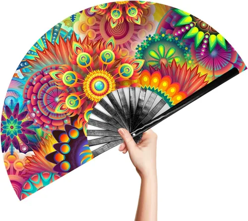 Vista 20 de OMyTea Rave Clack - Ventilador de mano para hombres y mujeres – Ventilador de mano plegable de bambú chino japonés – para EDM, festival de música