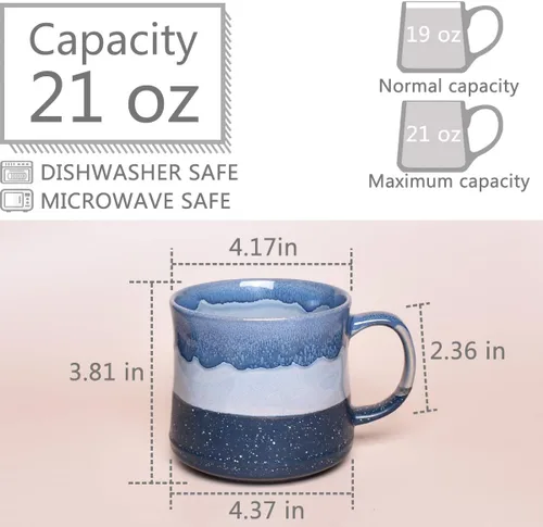 Vista 2 de Bosmarlin Taza de café grande de cerámica, taza de té grande para la oficina y el hogar, 21 onzas, apta para lavavajillas y microondas, 1 unidad Azul