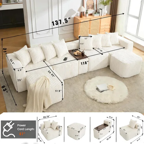 Vista 3 de Sofá seccional de 137.5 pulgadas, sofás modulares sin hueso para sala de estar, cómodo sofá de pana de felpa de asiento profundo, moderno sofá
