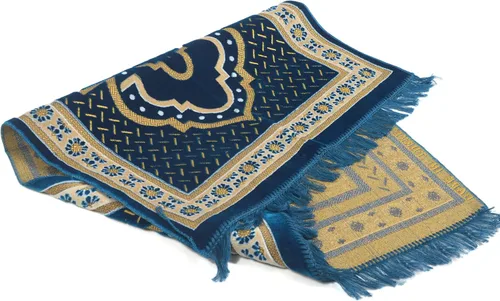 Vista 6 de TB - Alfombra de oración islámica gruesa y suave, alfombra musulmana única árabe, turca, africana, diseño bordado, cuentas de oración diaria, Azul