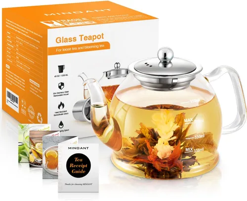 Vista 7 de Tetera de vidrio, tetera de 33 onzas / 33.8 fl oz con infusor extraíble, tetera transparente para té de hojas sueltas y té floreciente, hervidor
