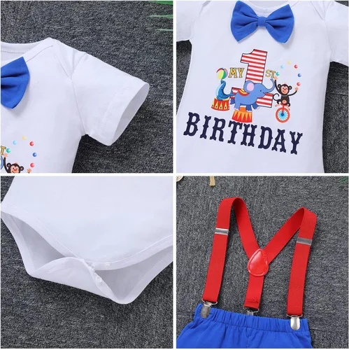 Vista 5 de IBTOM CASTLE Disfraz de carnaval de circo para el primer cumpleaños con temática de carnaval para bebé niño con tirantes y pajarita, sombrero