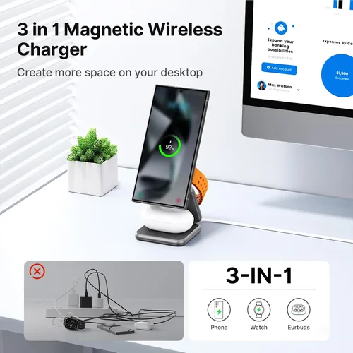 Vista 2 de KU XIU Cargador inalámbrico para Samsung, estación de carga inalámbrica plegable de aleación de zinc 3 en 1 para Samsung Galaxy S25 Ultra S24 S23